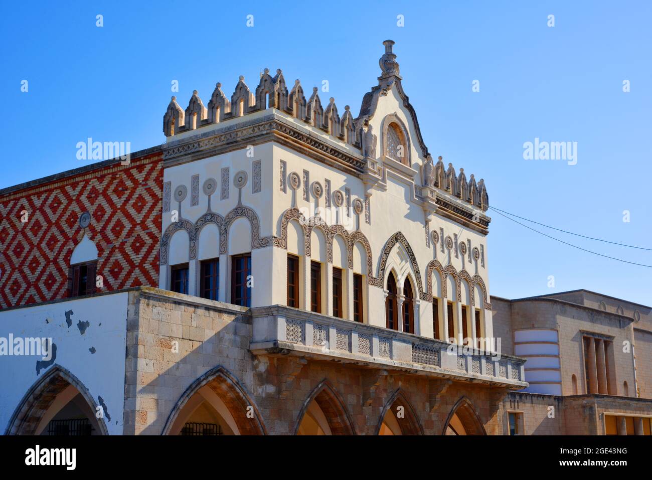 Rhodes, Town, Greece, beautiful architecture details at the Palazzo de Governo Stock Photo