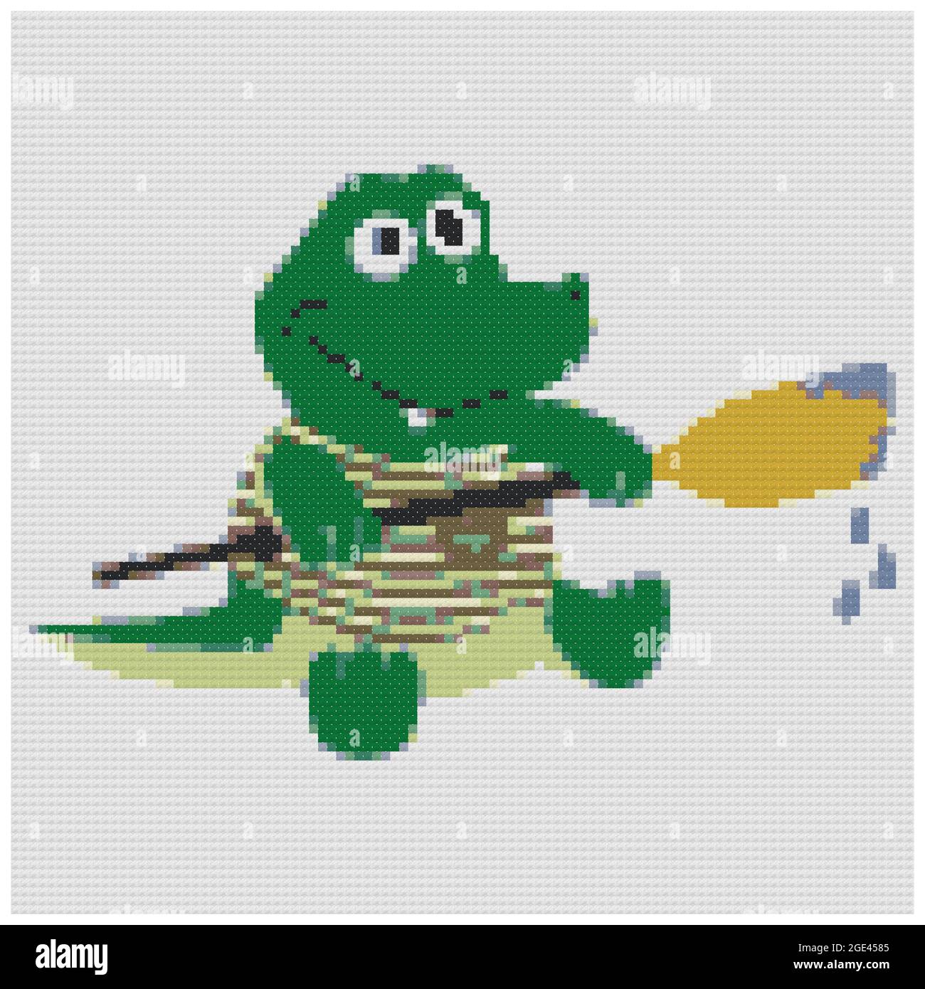 Cartoon animal crocodile on white background. Illustration for the children. Illustration of cross stitch embroidery. Imitation of knitted canvas stru Stock Photo