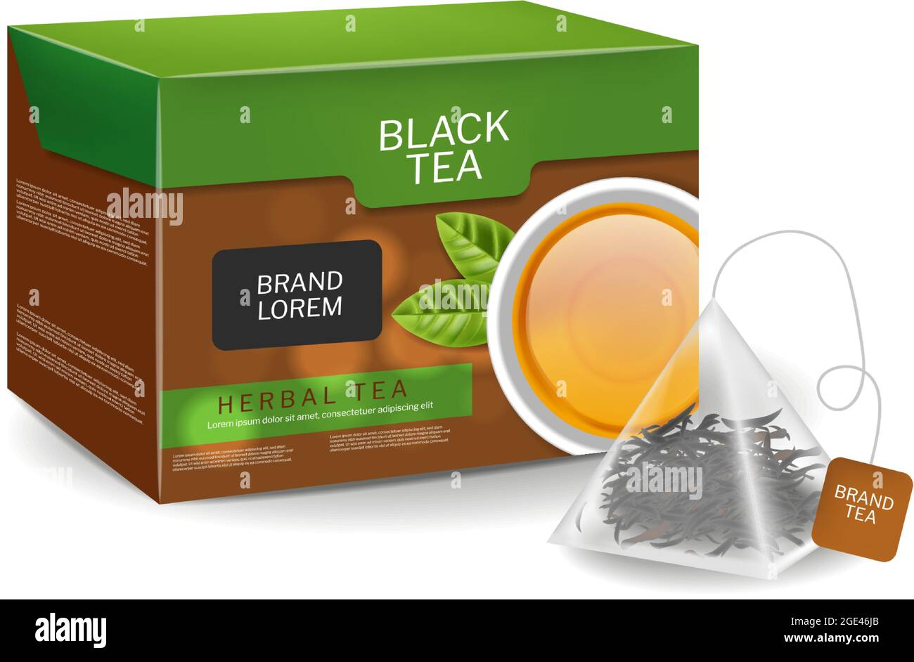 Black tea pack in triangle bags infusion. Organic herbs vector