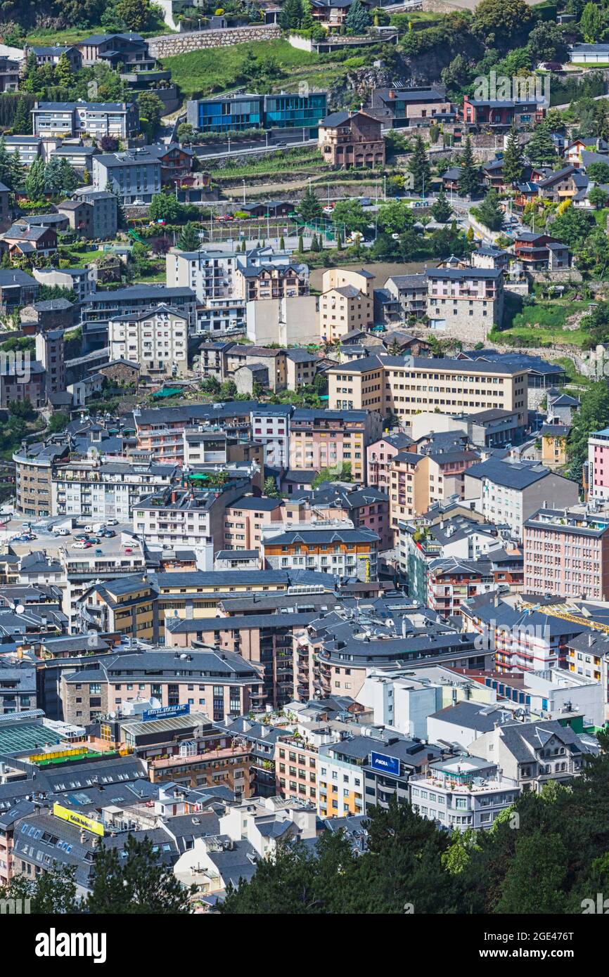 Andorra la Vella, Principality of Andorra.  High view down to Les Escaldes, part of the town centre. Stock Photo