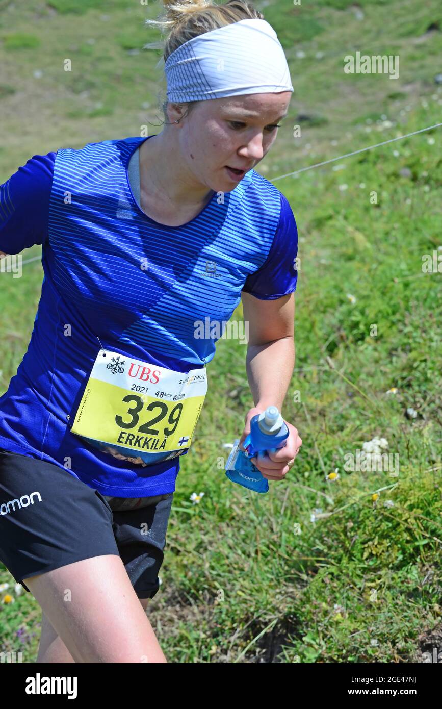 Zinal, SWITZERLAND - AUGUST 7: Elite runner, Anna-Stiina ERKILLA (FIN)  in the Sierre-Zinal World ChampionshipTrail Race:  August 7, 2021 in Zinal, Sw Stock Photo