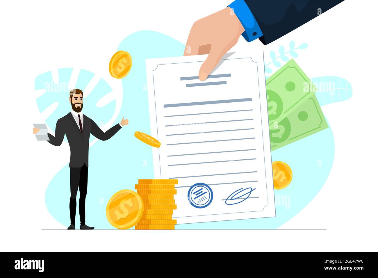 Satisfied businessman hold good financial notice. Positive decision and profitable money transaction conclusion. Joyful businessman man with letter and money show thumbs up. Loan approval message. Eps Stock Vector