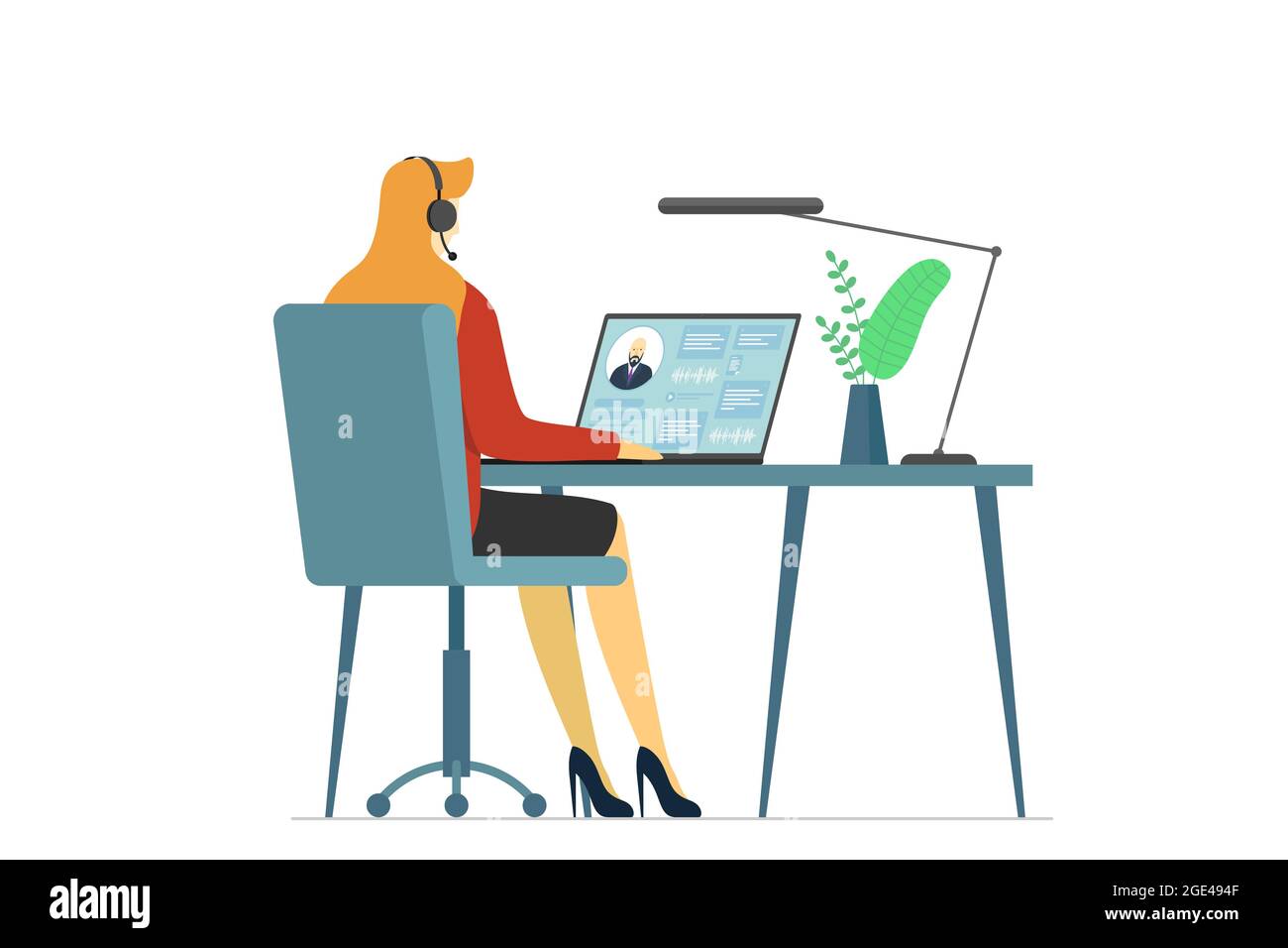 Call center operator woman and client information on laptop screen. Female hotline or cold calling employee. Online support service department staff, telemarketing, consultation and assistance centre Stock Vector