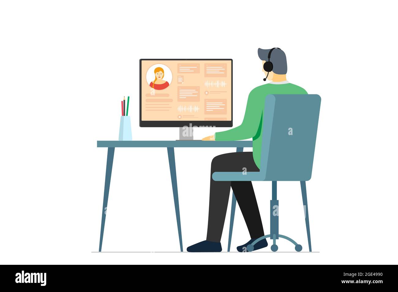 Call center operator man and user information on monitor screen. Male hotline or cold calling employee. Online customer support department staff, telemarketing, consultation and assistance centre. Eps Stock Vector