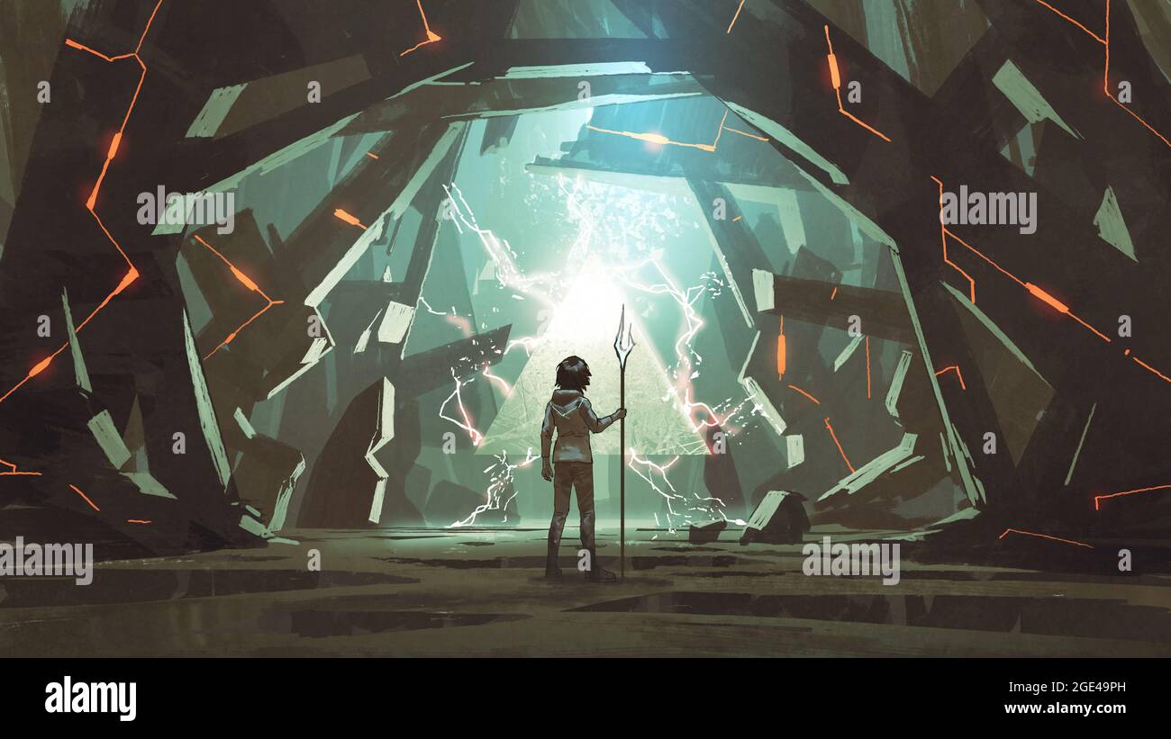child with spear standing in a cave full of many futuristic stone blocks, digital art style, illustration painting Stock Photo