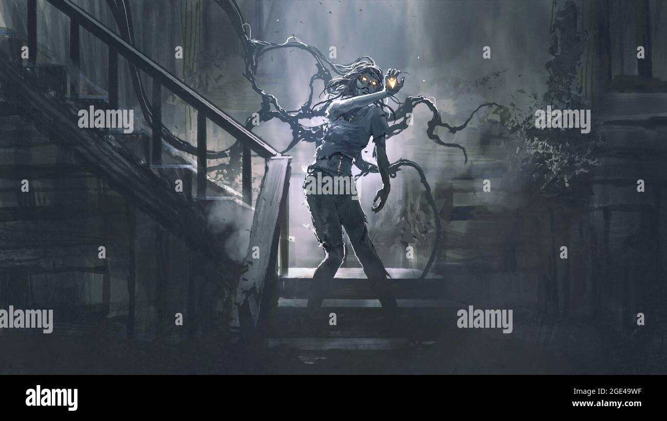 female zombie standing on stairs in abandoned house, digital art style, illustration painting Stock Photo
