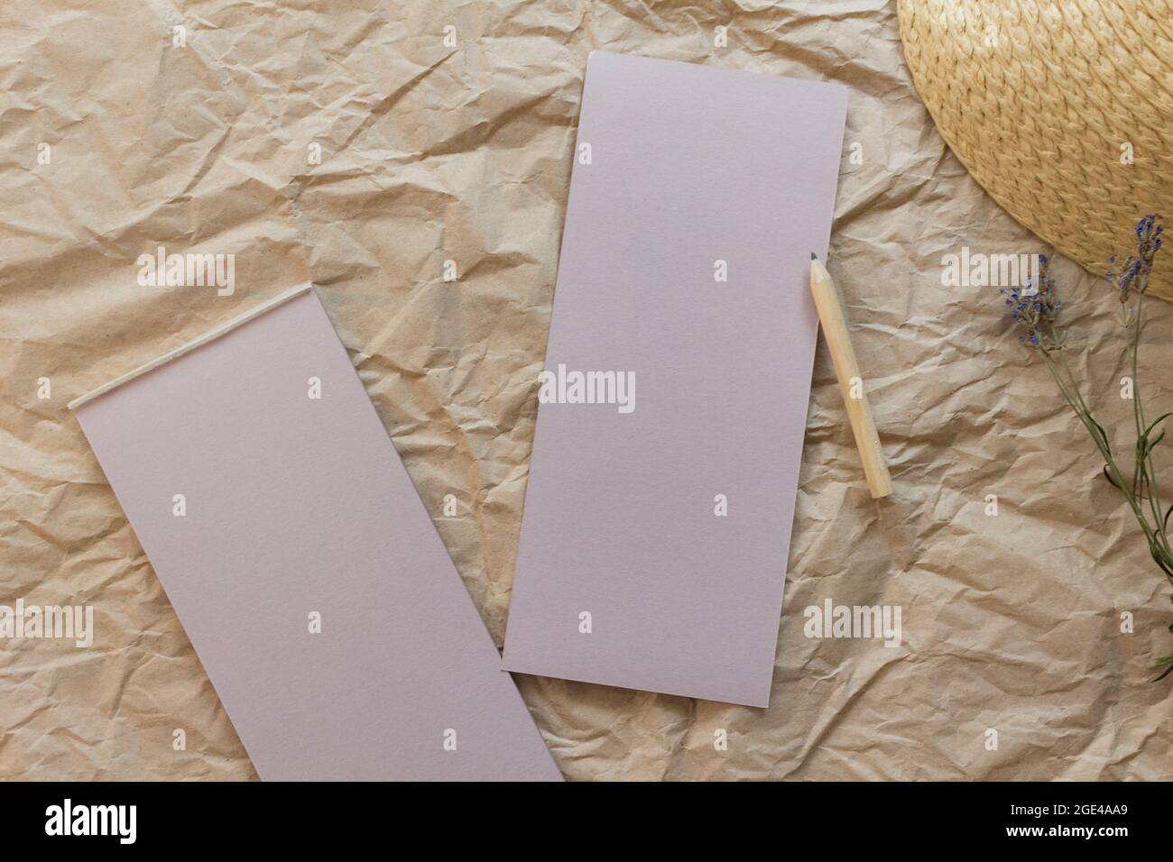 Flat lay composition with a tear kraft paper memo pad, pencil, dried