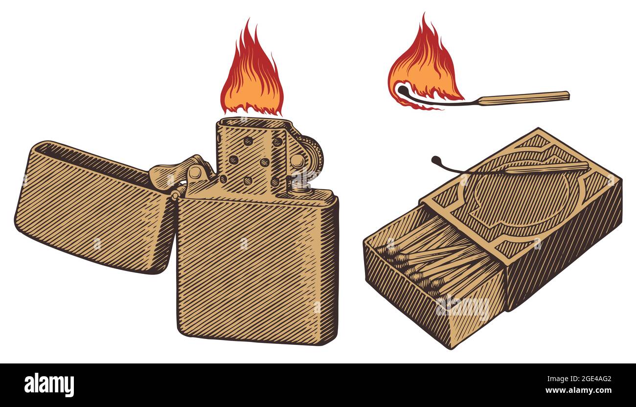 Lighter and matches. Editable hand drawn illustration. Vector engraving