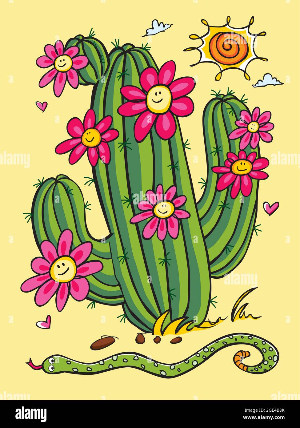 Vector cute cartoon cactus illustration with happy daisy flowers and snake. Perfect for greeting cards and welcome signs. Stock Vector