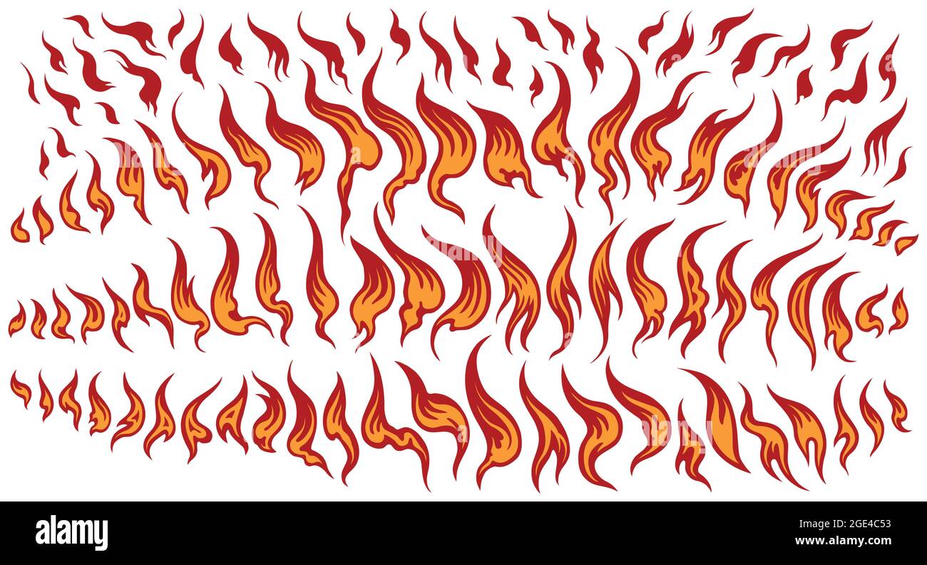 Flames. Design set. Hand drawn engraving. Editable vector vintage
