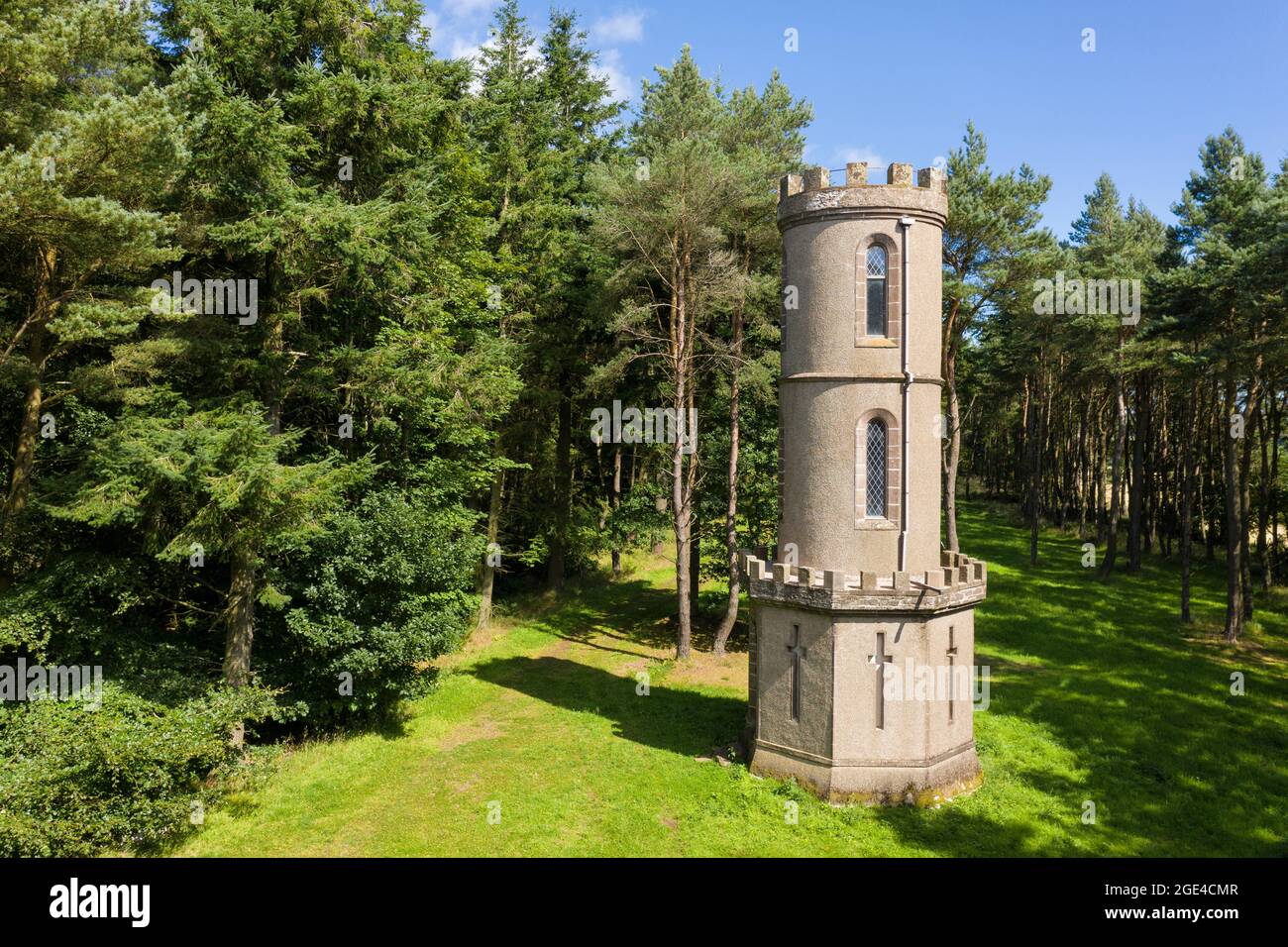 Aerial view of Kirktonhill Tower near to Marykirk, Aberdeenshire