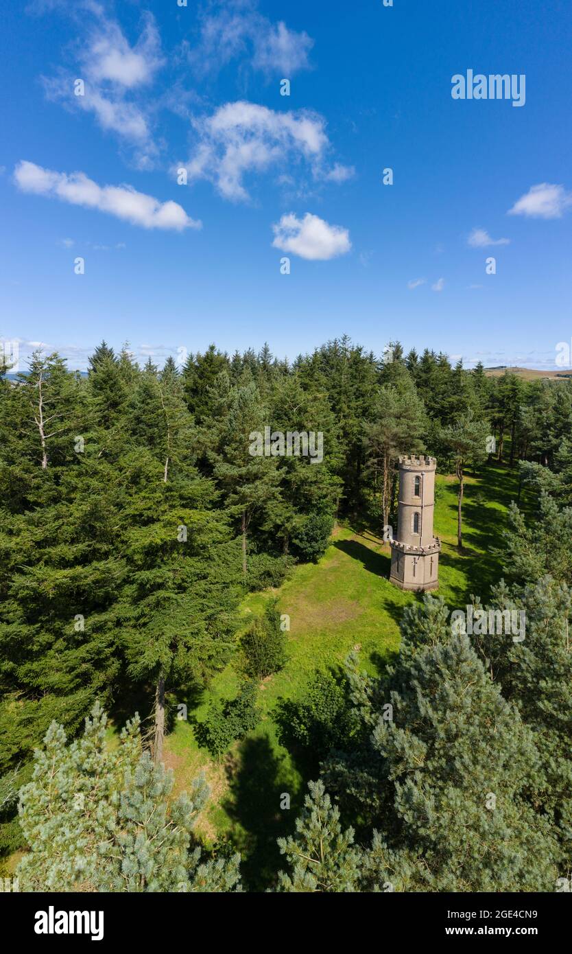 Aerial view of Kirktonhill Tower near to Marykirk, Aberdeenshire, Scotland. Stock Photo