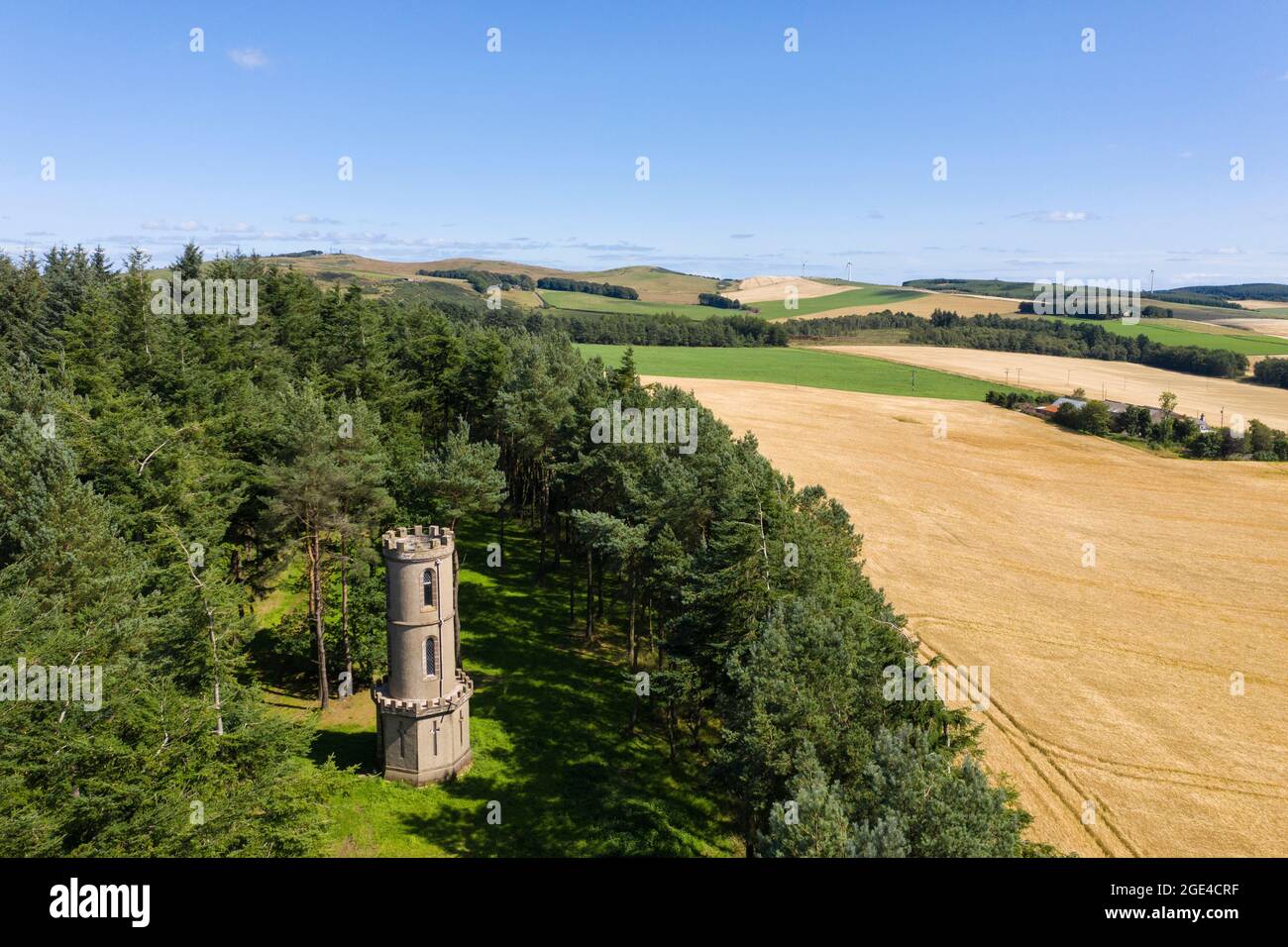 Aerial view of Kirktonhill Tower near to Marykirk, Aberdeenshire