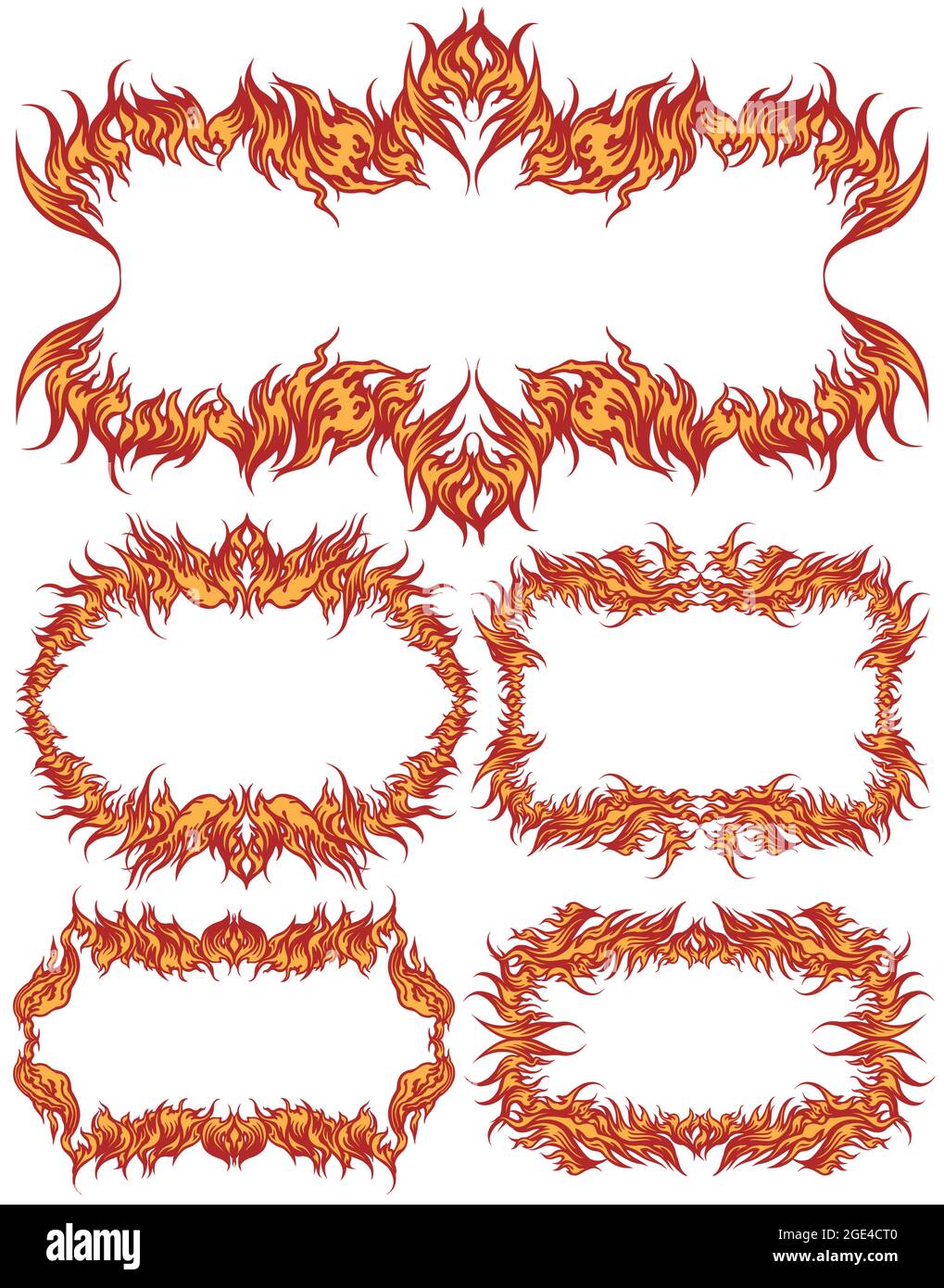 Fiery frames. Design set. Editable hand drawn illustration. Vector engraving. Isolated on white background. 8 EPS Stock Vector