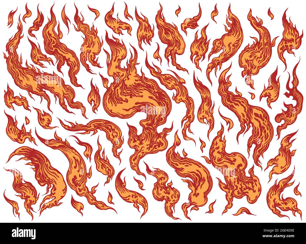 Flames. Design set. Editable hand drawn illustration. Vector engraving. Isolated on white background. 8 EPS Stock Vector