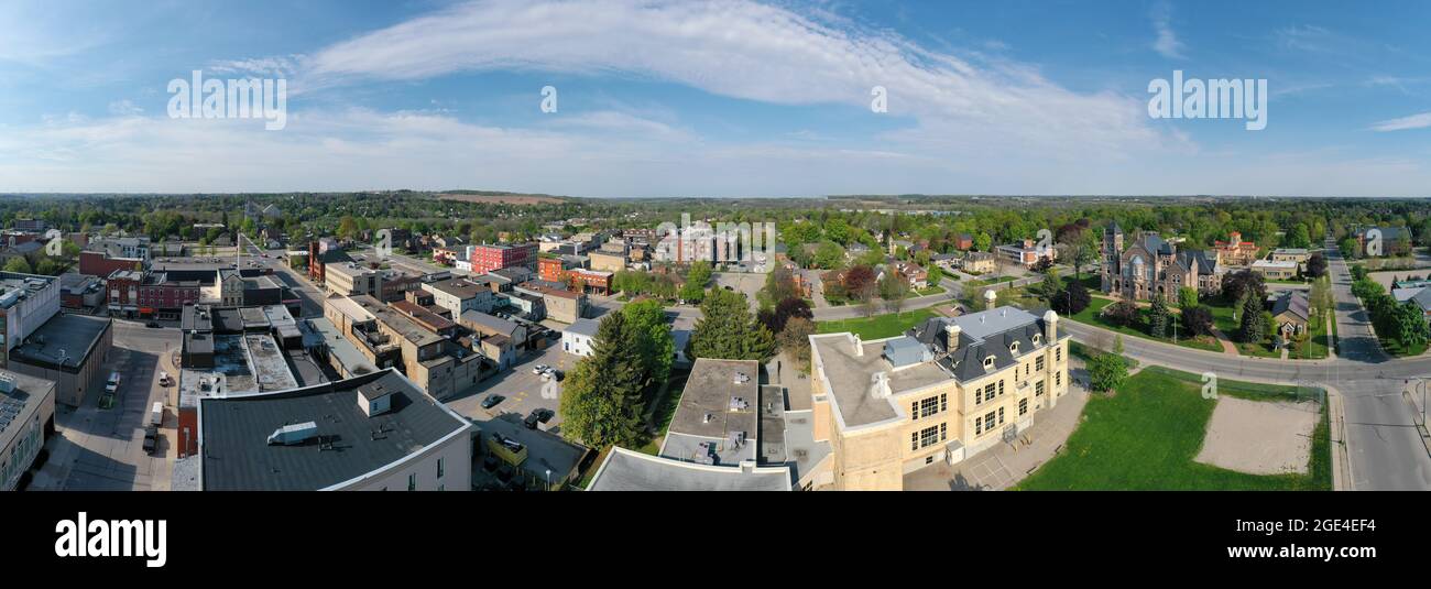 An aerial panorama scene of downtown Woodstock, Ontario, Canada Stock