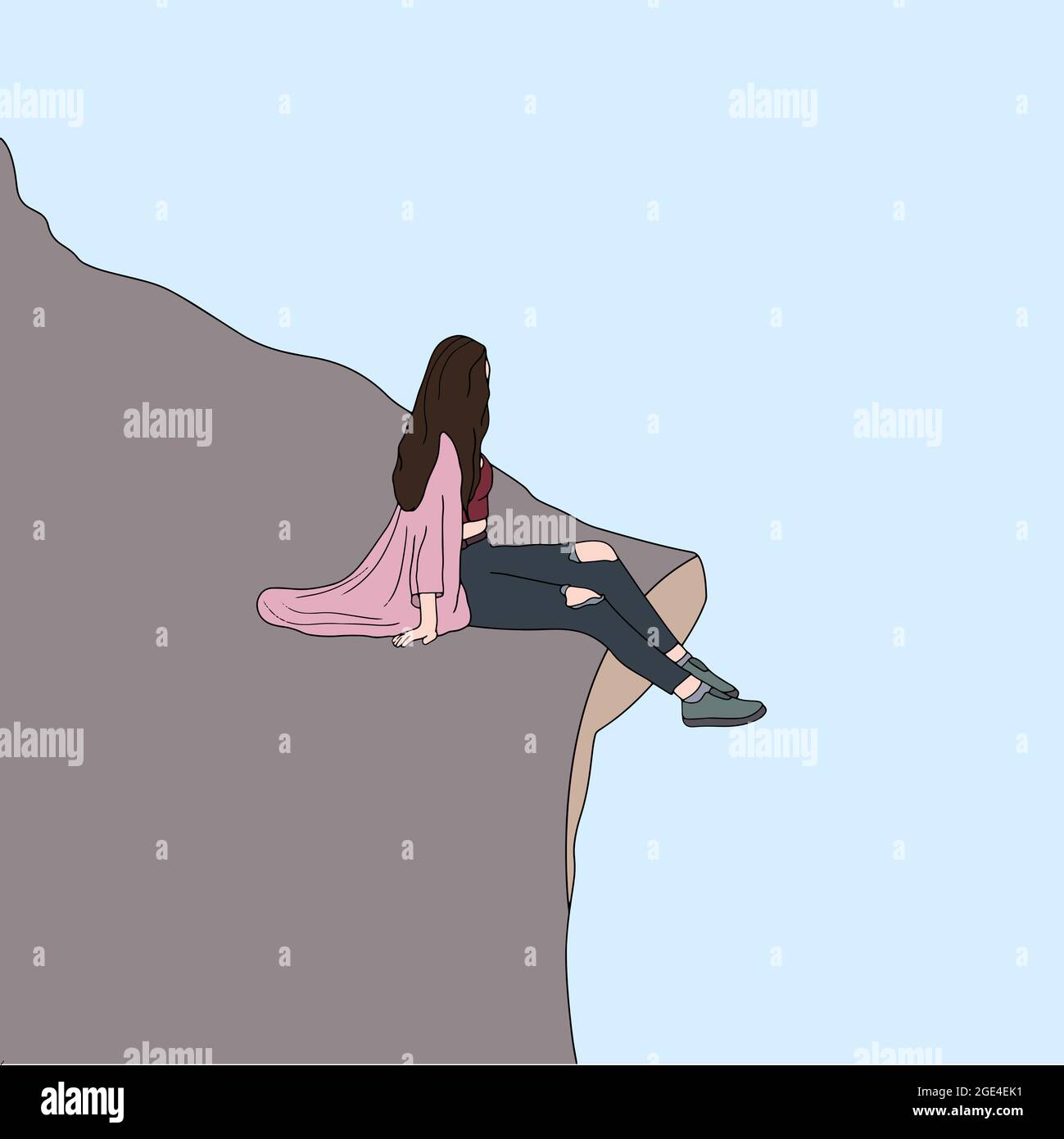 Girl sitting on the edge of the hill. Flat handdrawn cartoon character