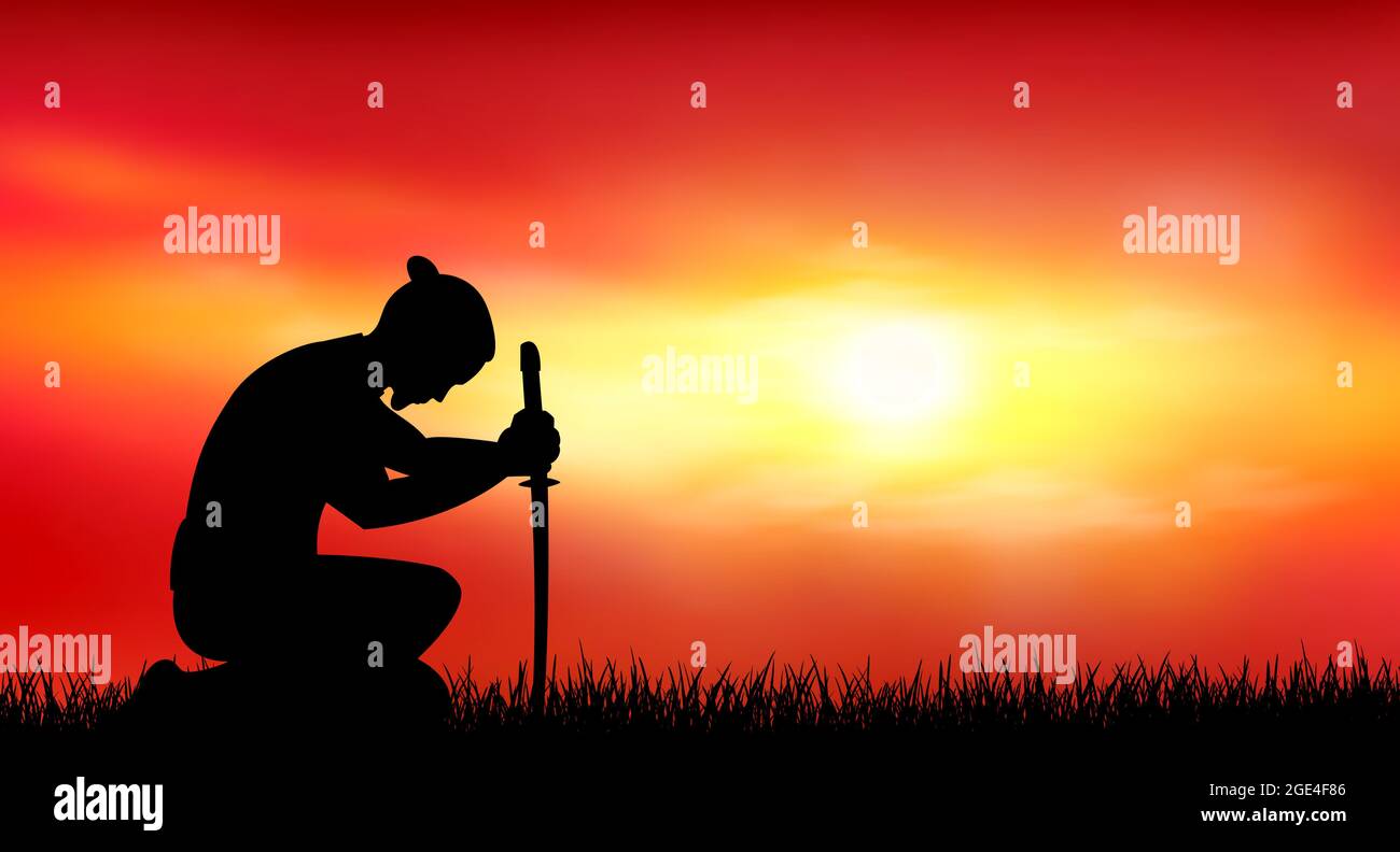 A man kneels with a sword in his hands against the backdrop of a sunny sunset. Stock Vector