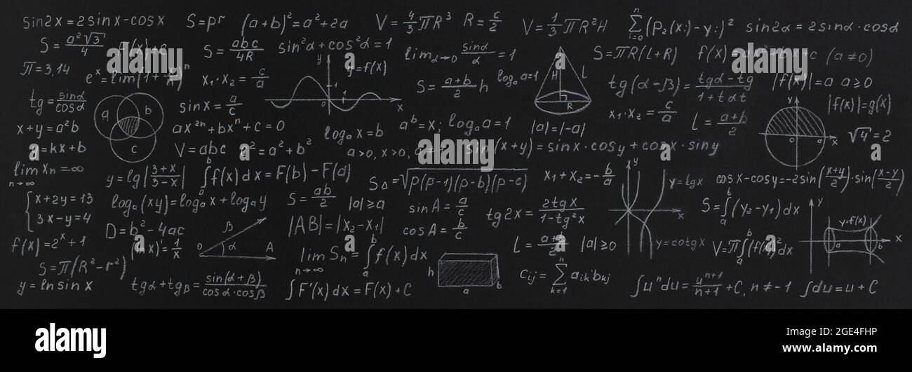 Formulas and calculations from mathematics and geometry on school blackboard Stock Photo
