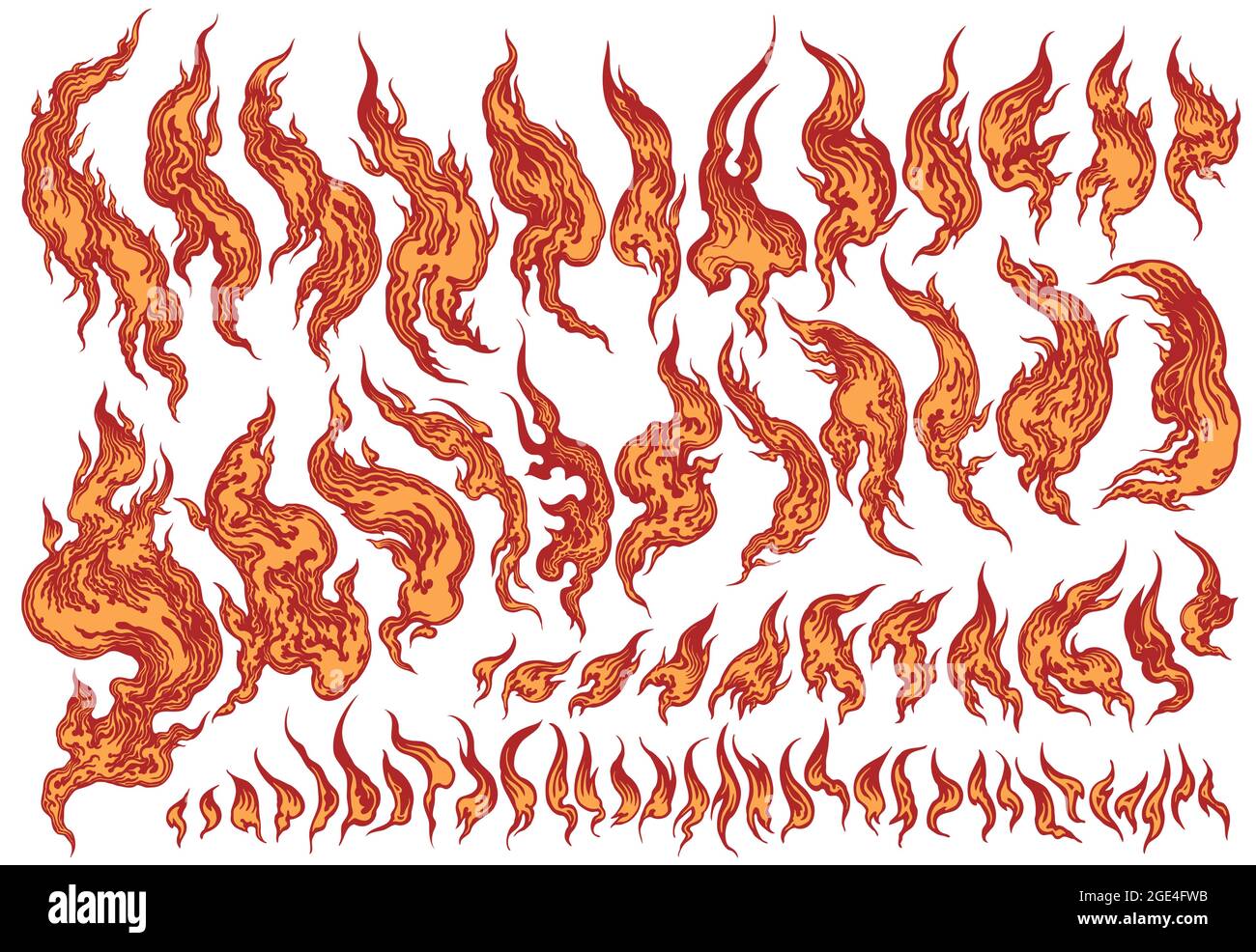 Flames. Design set. Hand drawn engraving. Editable vector vintage