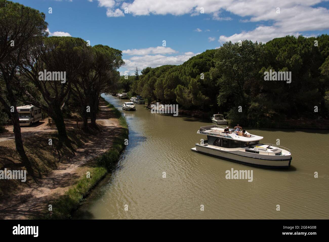 Rental boats form the bulk of traffic on the Canal du Midi Stock Photo