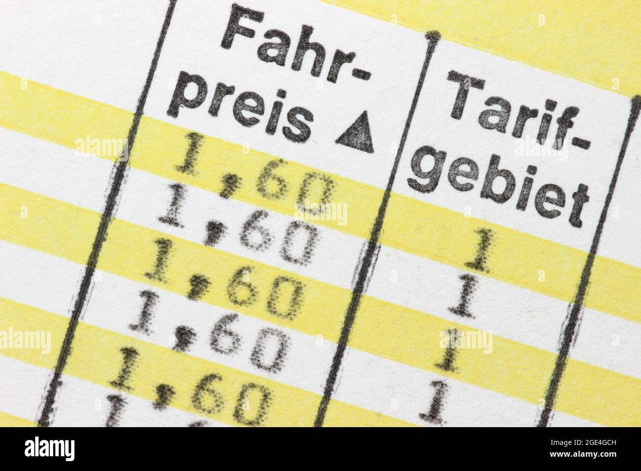 fare and tariff area on a bus timetable Stock Photo