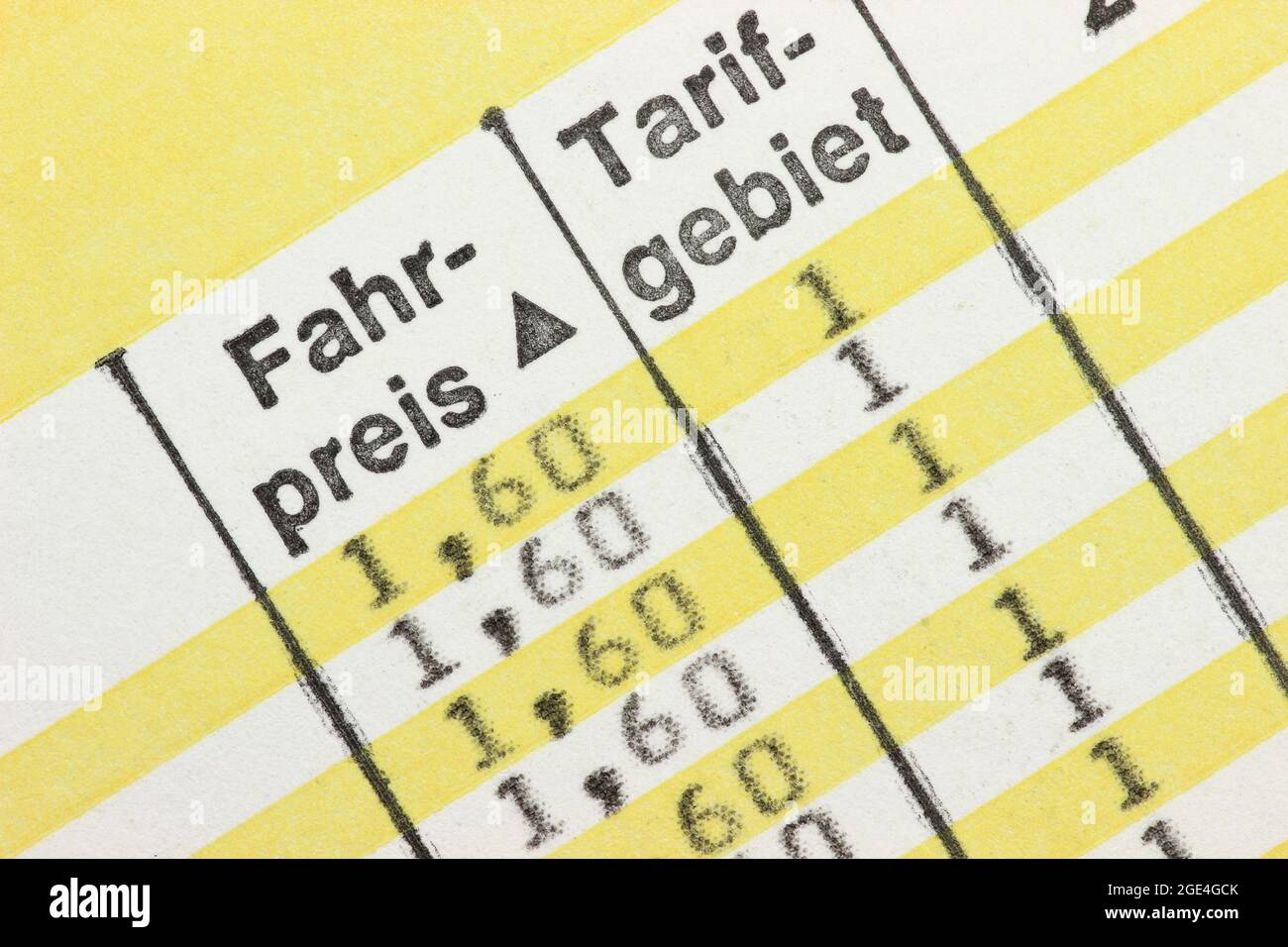 fare and tariff area on a bus timetable Stock Photo