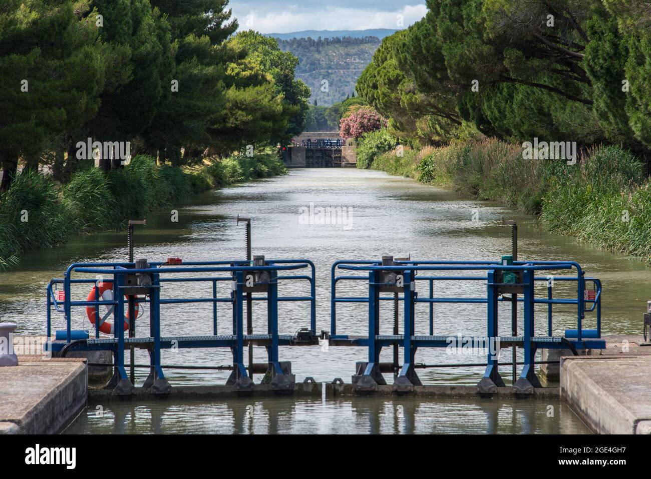 A lock on the Canal de Jonction near Salleles d'Aude. Stock Photo