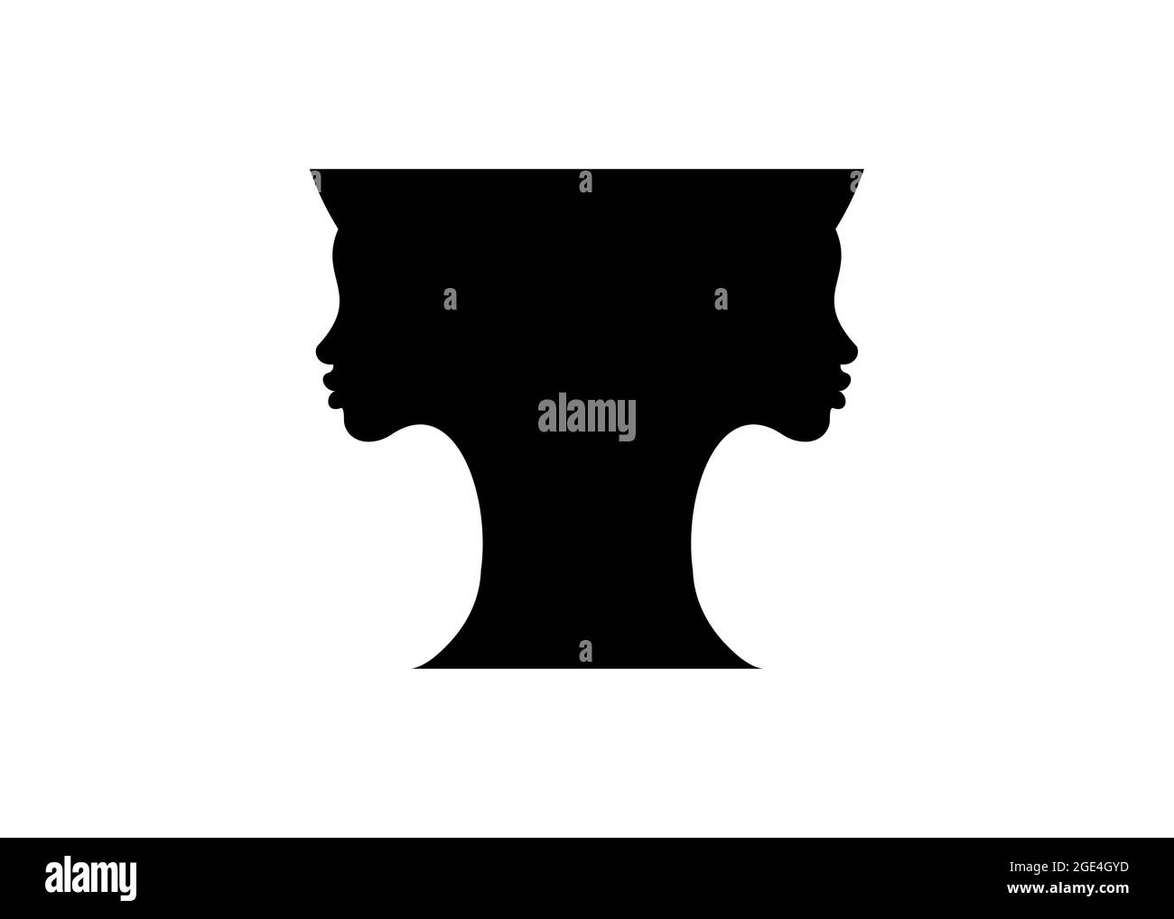 two young women black silhouette faces making a vase shape optical negative space illusion. Beautiful girl double girl face contour pot shape. Vector Stock Vector