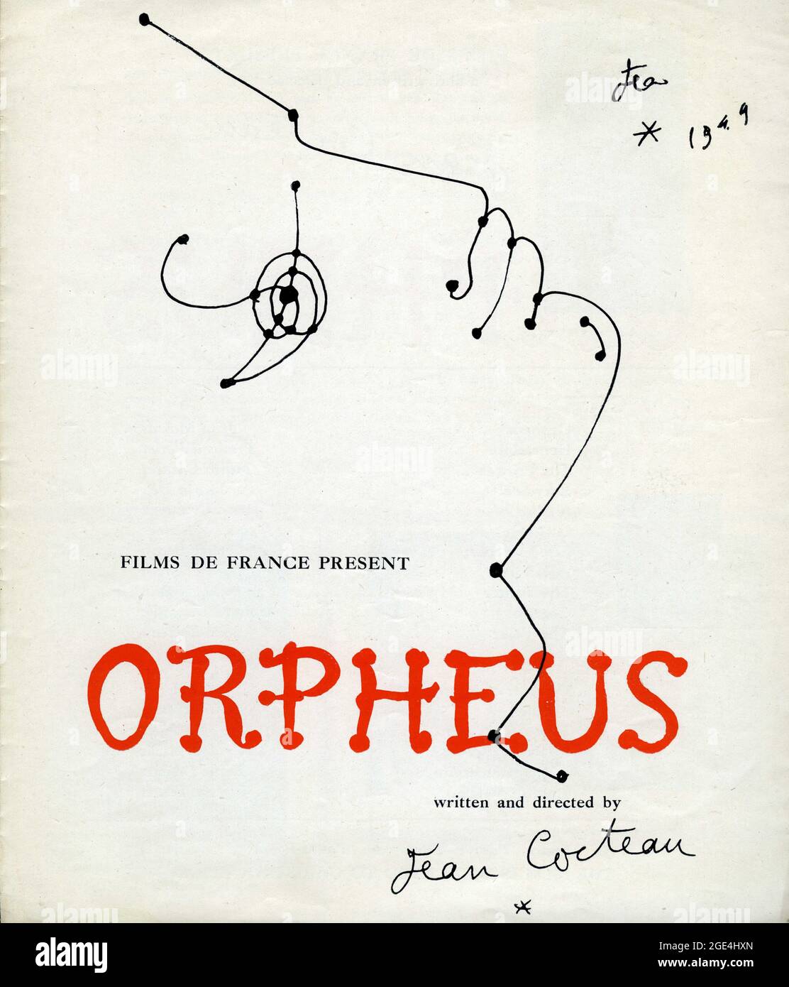 Front of British synopsis sheet with drawing by JEAN COCTEAU for  ORPHÉE / ORPHEUS 1950 director / writer JEAN COCTEAU music Georges Auric costume design Marcel Escoffier Andre Paulve Film / Films du Palais Royal / Films de France (in UK) Stock Photo