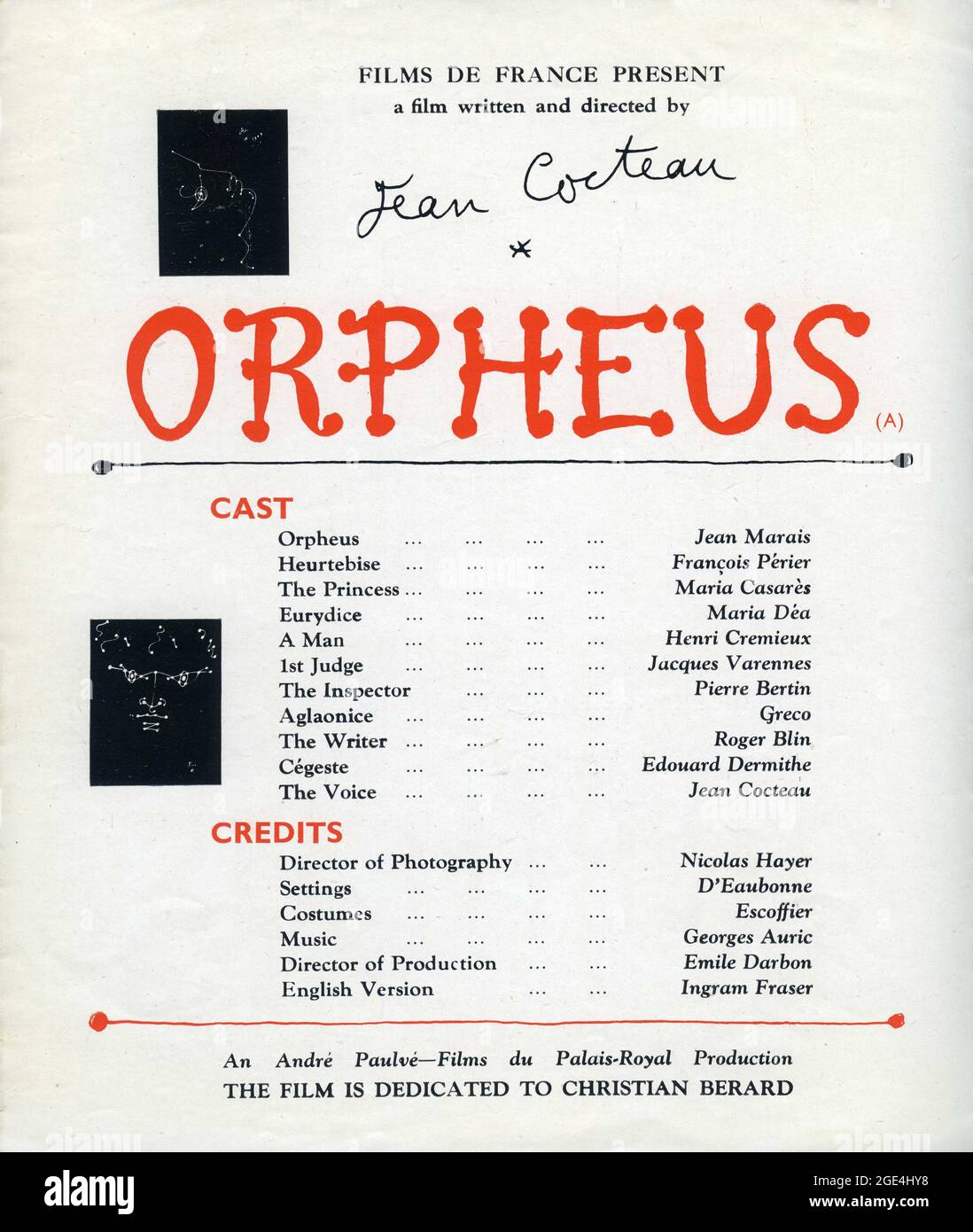 Cast and Credits list from British synopsis sheet with drawings by JEAN COCTEAU for  ORPHÉE / ORPHEUS 1950 director / writer JEAN COCTEAU music Georges Auric costume design Marcel Escoffier Andre Paulve Film / Films du Palais Royal / Films de France (in UK) Stock Photo
