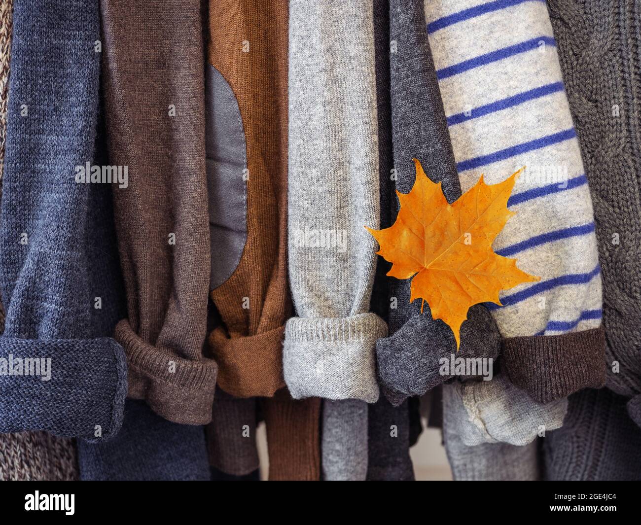 Autumn and winter clothes hanging on hangers in the dressing room. No people, close-up. Concept of beauty and fashion Stock Photo