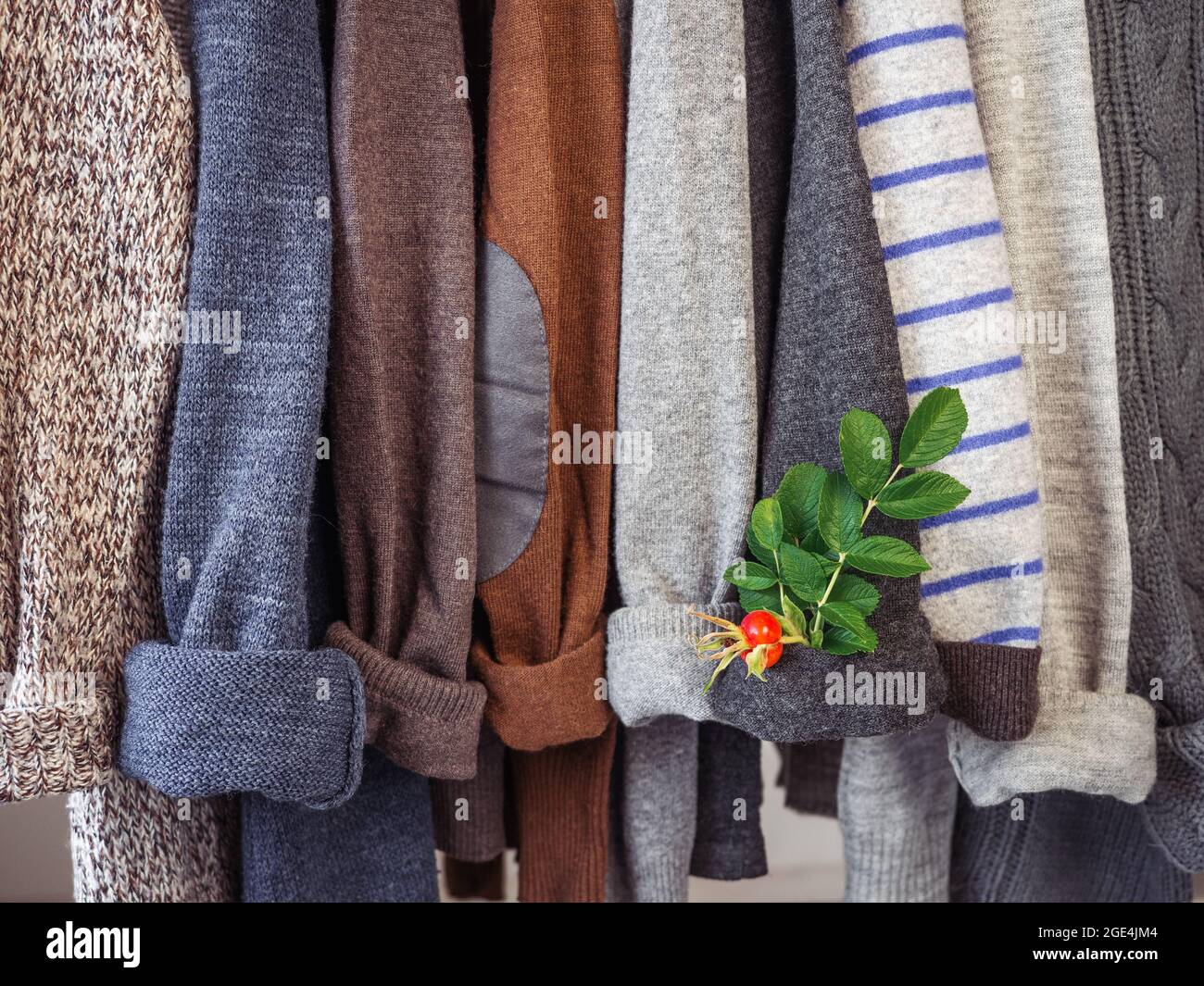 Autumn and winter clothes hanging on hangers in the dressing room. No people, close-up. Concept of beauty and fashion Stock Photo