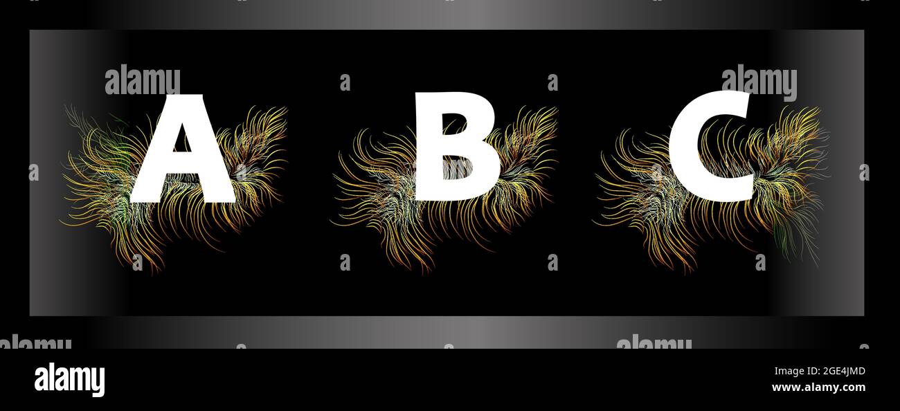 Letters of the alphabet on a black background with feathers of exotic ...
