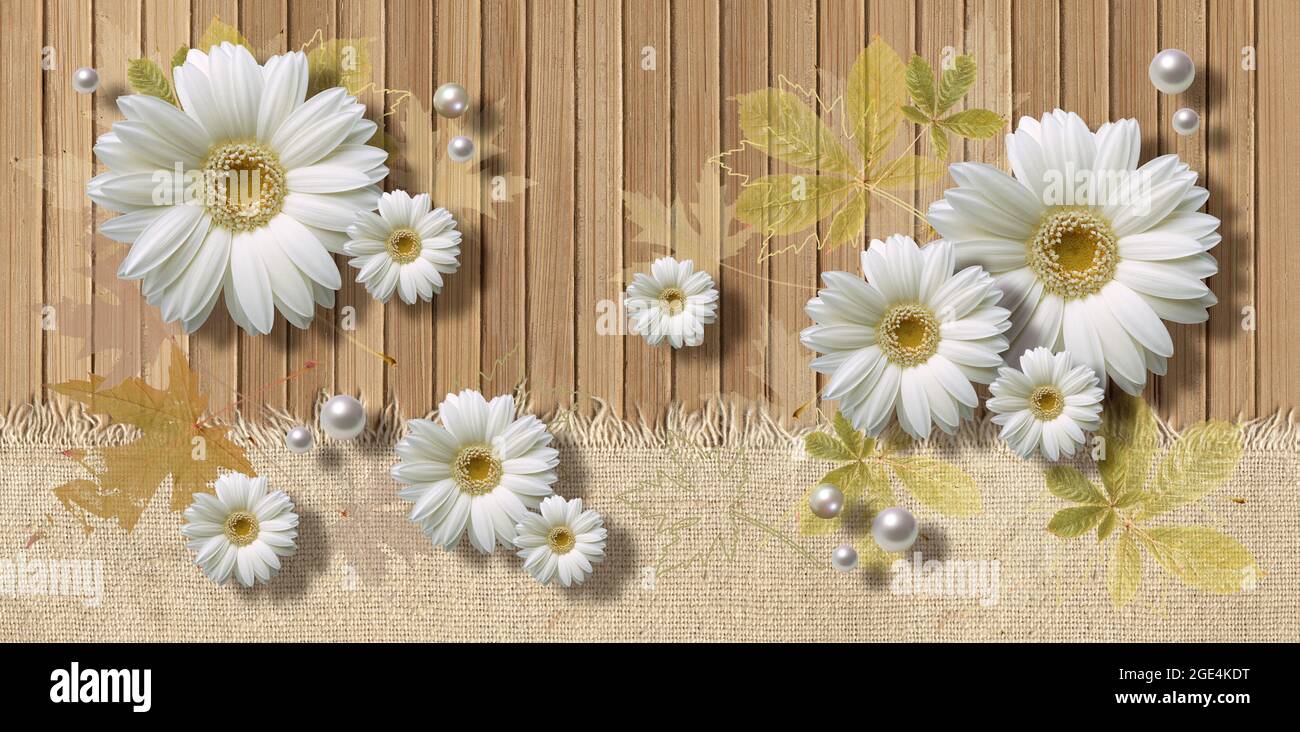 white daisy flowers on wooden background Stock Photo - Alamy