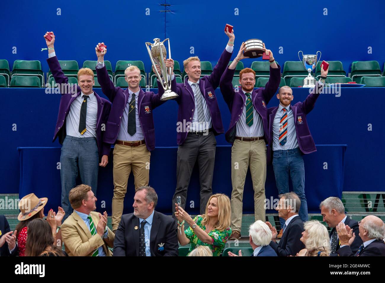 Henley-upon-Thames, Oxfordshire, UK. 15th August, 2021. University of London winners of the Prince Albert Challenge Cup Men's Four Oars with Coxswain on Finals Day at Henley Royal Regatta. Credit: Maureen McLean/Alamy Stock Photo