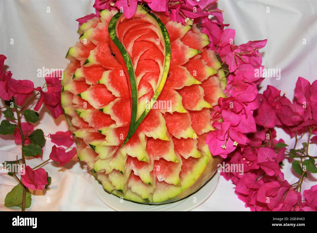 Beautiful Carving Art Work/Watermelon/Flower Decoration Stock Photo