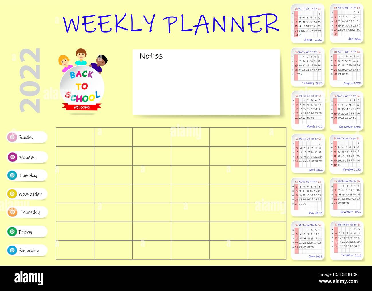 2022 Year Weekly Planner With Blank Calendar And Notes Or 2022 Year. On Yellow Background. Week Starts On Sunday Stock Vector Image & Art - Alamy