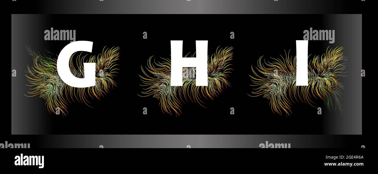 Letters of the alphabet on a black background with feathers of exotic ...