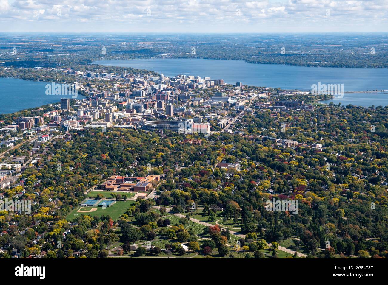 View of the University of Wisconsin-Madison and Madison, Wisconsin on a beautiful autumn day. Stock Photo