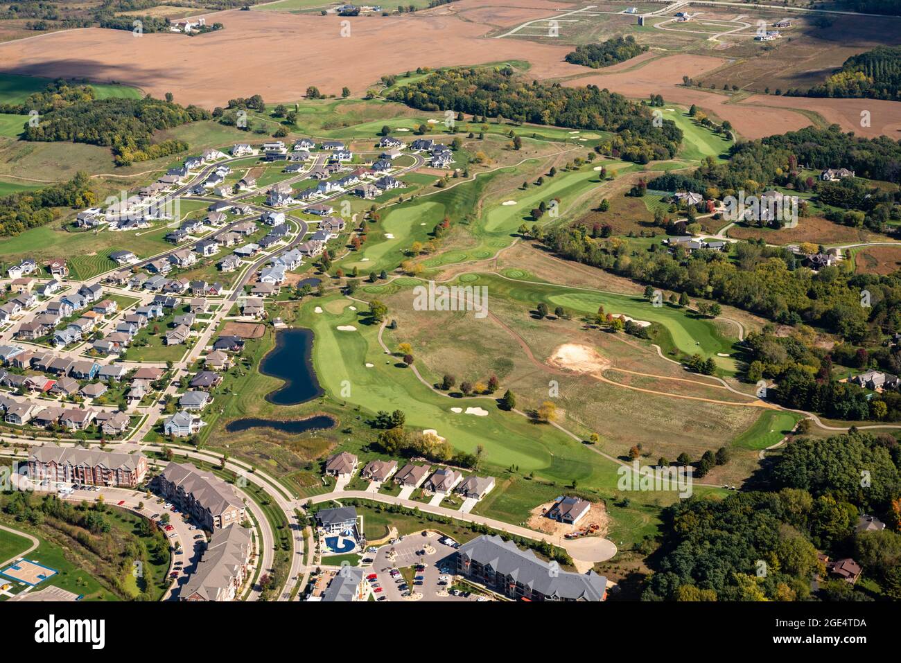 Image from a flight over Bishop's Bay,  Middleton, Dane County, Wisconsin on a beautiful autumn day. Stock Photo