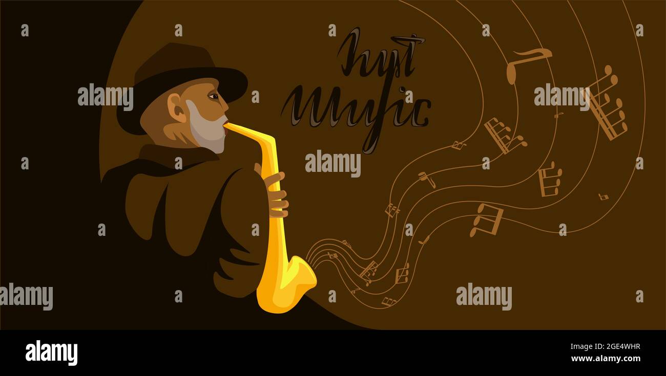 Vector flat image of a black man playing saxophone with flying notes around, as a concept of melody sounding Stock Vector
