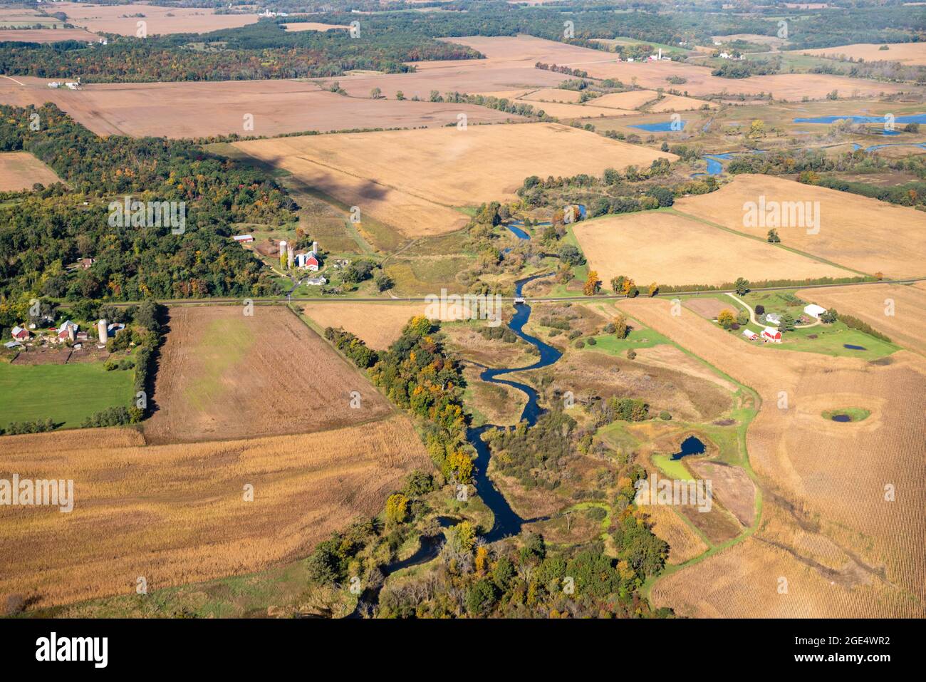 Image from a flight over Marquette County, Wisconsin on a beautiful autumn day. Stock Photo