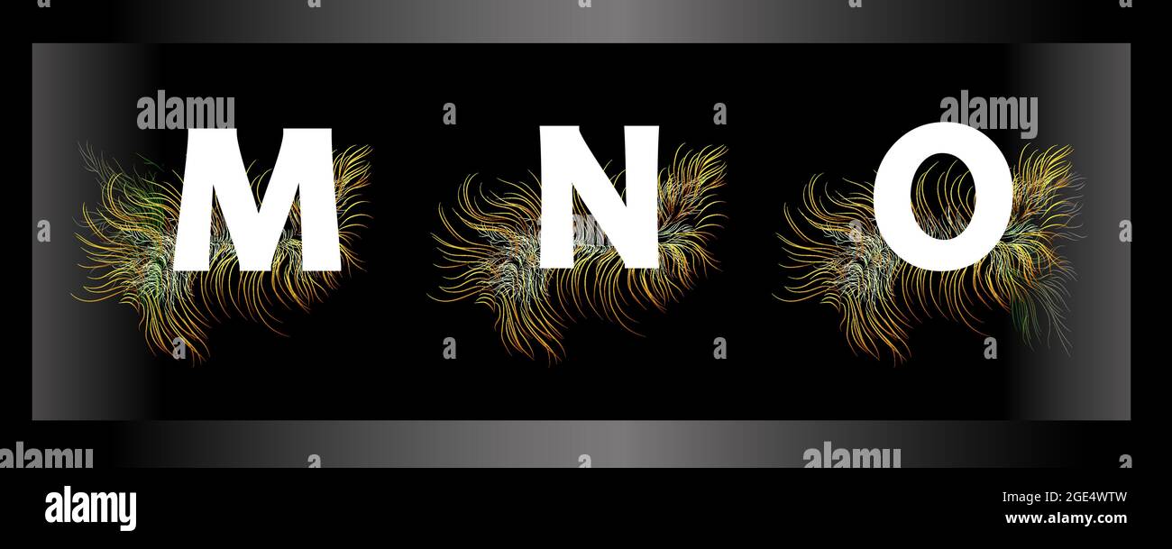 Letters of the alphabet on a black background with feathers of exotic ...