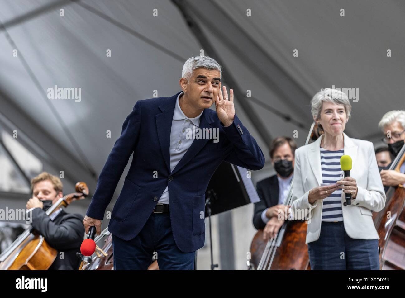 Sadiq Khan, Mayor of London introducing the London Symphony Orchestra - BMW Classics outdoor concert at Trafalgar Square, London, UK Stock Photo