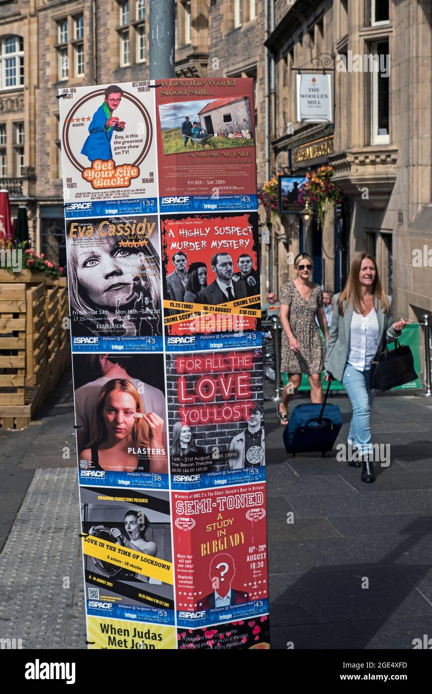 Edinburgh Fringe Festival 2021 posters on the corner of Cockburn Street