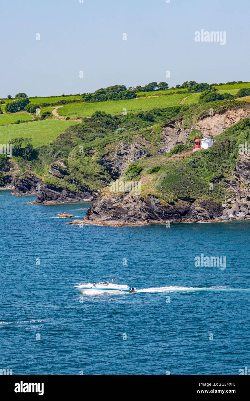 Looking over to Penventinue Cove near to St Catherine's Point at the mouth of the River Fowey / Fowey Estuary - Cornwall, UK. Stock Photo