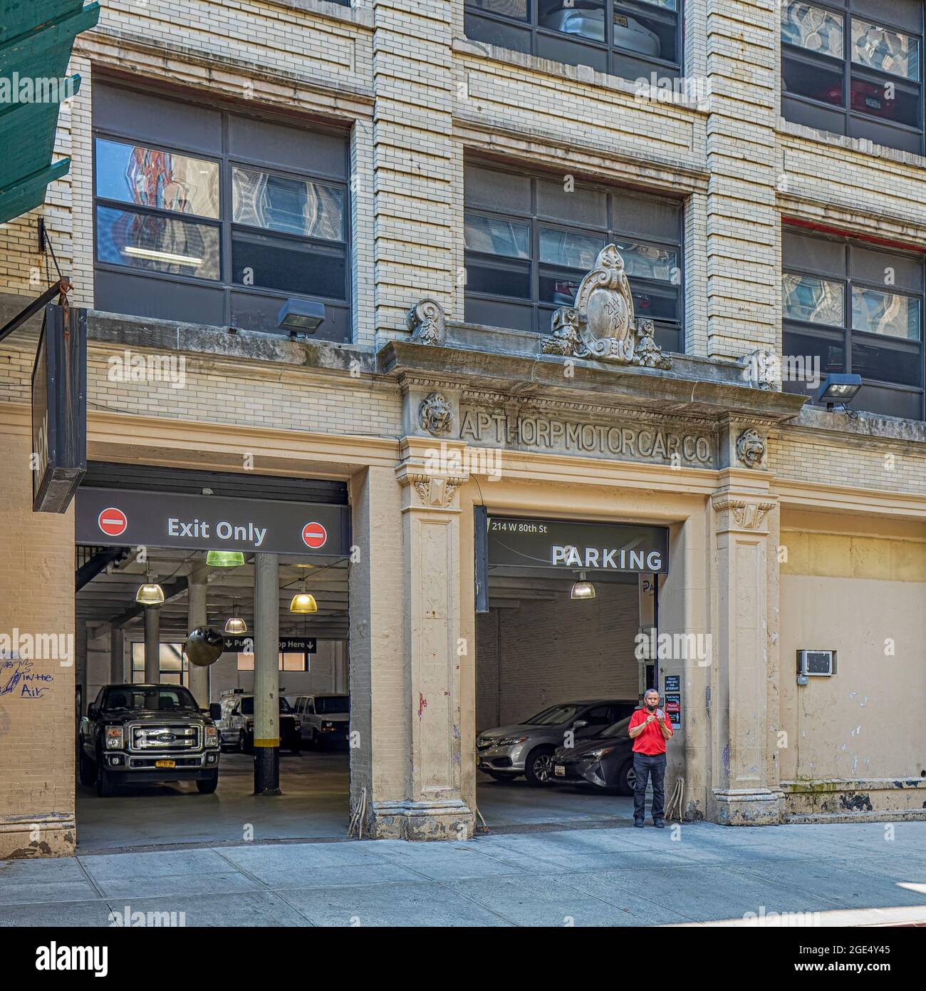 214 West 80th Street, Apthorp Motot Car Company garage, was built in 1906 to serve as a new car showroom and service garage. Stock Photo