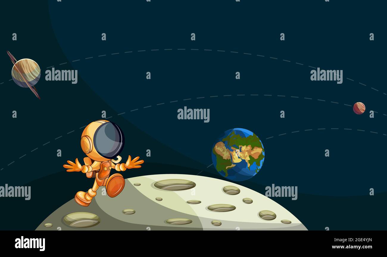 Vector image of an astronaut in open space among celestial bodies with converging orbits guiding the view of the observer. The perfect compositor for Stock Vector