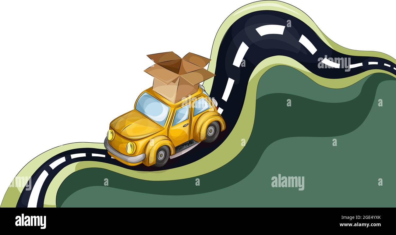 Vector image of a car in transit with an open box on the roof and a place for your inscription. Cartoon style Stock Vector